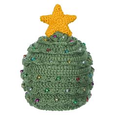 a green crocheted hat with a yellow star on top and multi - colored beads