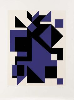 an abstract painting with blue and black squares