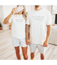 Inspired by But Daddy I Love Him - this would make the cutest pregnancy announcement for a Taylor Fan!  Also Comes As A Set & Can Be Customized! *See options in drop down menu* Shirt 1: I'm Having His Baby (can be changed to "Babies" for multiples) Shirt 2: And Oh My God You Should See Your Faces *OR* She's Having My Baby  *PLEASE ENTER THE SIZE AND WHICH TEXT OPTION YOU'D LIKE FOR SHIRT 2 IN THE PERSONALIZION BOX BELOW* (Options: "Oh My God"/"OMG" *OR* "She's Having My Baby/Babies") * Please do Poets Shirt, But Daddy I Love Him, Daddy I Love Him, Baby Announcement Shirt, Eras Tour Shirt, Funny Bride, Funny Wedding Gifts, Cute Pregnancy Announcement, Baby Announcement Shirts