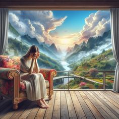 a painting of a woman sitting on a couch in front of a window looking out at mountains