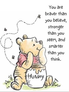 a winnie the pooh bear sitting on top of a bag with words above it