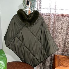 Adorable Winter Poncho! Made Of A Down Material And Featuring A Fuzzy Collar- This Will Elevate Any Outfit Brand New W/O Tags Forest Green One Size Cape For Cold Weather, Winter Solid Outerwear With Batwing Sleeves, Green Winter Cape Outerwear, Oversized Green Cape Outerwear, One Size Green Winter Outerwear, Green One Size Winter Outerwear, One Size Green Outerwear For Winter, Winter Poncho, Do Everything In Love