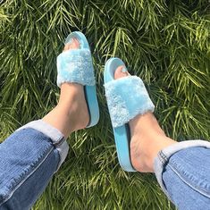 The Perfect Pair Of Sandals To Keep The Fur Trend Going! It Features A Vegan Fur Upper, Vegan Leather Contrast And Cushioned Insoles. Wear Them To Lounge Around In Or Run Errands, Either Way They Compliment Every Look. Vegan Fur Baby Blue Color True Size Soft Slip-on Summer Slippers, Cute Slip-on Slides For Spring, Cute Spring Slip-on Slides, Blue Closed Toe Slippers For Summer, Soft Synthetic Slippers For Summer, Soft Synthetic Summer Slippers, Blue Synthetic Slippers For Beach, Casual Sandals With Soft Round Toe, Light Blue Cushioned Sandals For Spring