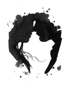 the silhouette of two people in black and white watercolors, one is kissing