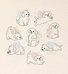 six drawings of puppies with wings and hearts in their paws, all drawn by hand