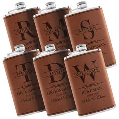 six brown flasks with the letter dw on them are lined up in a row