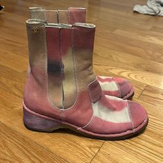 Chanel Pink Cream Purple Yellow Watercolor Chelsea Boot. Very Good Condition Only Shows Wear On Bottom Of Shoes. Has Approx 2” Heel And Small (1/4”-1/2”) Platform. Slip On Design With Cc Logo On Top Outside Of Each Boot. Size 38 Fitting Like A 7 - 7 1/2. Does Not Come With Box Or Dust Bags Pink Casual Boots Medium Width, Casual Pink Boots Medium Width, Casual Pink Medium Width Boots, Casual Pink Boots With Reinforced Heel, High-top Pink Boots With Lug Sole, Pink High-top Boots With Lug Sole, Pink Round Toe Boots, Casual Pink Slip-on Boots, Pink Leather Sole Round Toe Boots