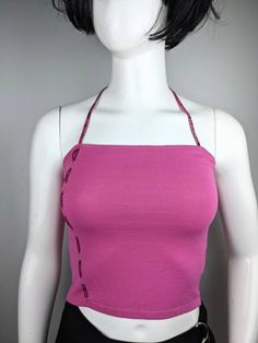 "Y2K Vintage pink ribbed top bustier from Versace Jeans Couture. WOW - top 😍 💥 Color Pink Barbie 💥 Leather Straps Snake pattern Size tag S (see measurements ) Condition 9/10 Made in Italy 100% rayon Underarm to underarm - 32 cm/12.6\" Length from the back - 31 cm/12.2\" All measurements taken with garment lying flat. Vintage sizes vary greatly! We recommend comparing measurements with a similar style garment you own for best fit! If you have any other questions, please contact us. No refund." Fitted Ribbed Halter Neck Crop Top, Y2k Stretch Halter Neck Top, Y2k Halter Neck Stretch Top, Y2k Halter Neck Top For Spring, Spring Y2k Halter Neck Top, Y2k Style Halter Neck Tops For Spring, Stretch Halter Neck Top Y2k Style, 90s Style Fitted Sleeveless Crop Top, Fitted Sleeveless 90s Crop Top