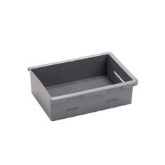 a gray plastic container with two compartments on the bottom and one in the middle, against a white background