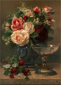 a painting of flowers in a vase on a table next to berries and strawberries