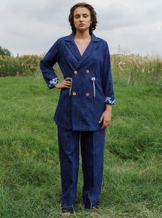 Pozruh-Indigo Savanna Denim Pant Suit-INDIASPOPUP.COM Indigo Cotton Sets For Spring, Spring Cotton Indigo Sets, Spring Indigo Cotton Sets, Block Printed Fabric, Indigo Fabric, Pant Suit, Block Printing Fabric, Workout Jacket, Pant Set