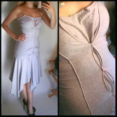 This Fabulous Asymmetrical Bottom Dress Is Made Of Light Heather Grey Knit, With Pink Contrast Stitching. Stretchy And Pull On With Twisted Spaghetti Straps, And Fabulous Stitching Details On The Front And Back. New And One Of A Kind ! Pink Contrast, Stitching Details, Grey Dress, Drop Waist, Asymmetrical Dress, Gray Dress, Dresses Xs, One Shoulder Dress, Heather Grey