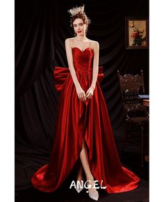 Buy sweetheart high low red satin formal dress with big bow in back at wholesale price online. Free shipping and pro custom service since 2009. Satin Strapless Ball Gown For Party, Bow Evening Dress For Banquet During Prom Season, Red Satin Dress For Prom Season Banquet, Red Satin Dress For Banquet During Prom Season, Elegant Red Dress With Satin Bow, Prom Ball Gown With Satin Bow, Ball Gown With Satin Bow For Prom, Party Ball Gown With Satin Finish, Satin Finish Ball Gown For Prom Party