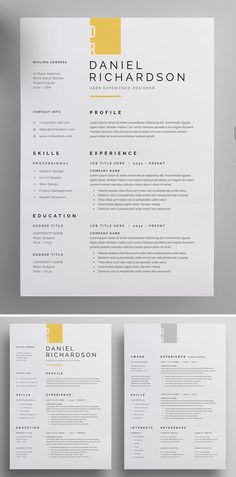 a clean and modern resume template with yellow accents on the front, side and back