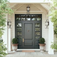 a black front door with two planters on either side and one light hanging above it