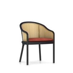 a black and red chair on a white background with the seat upholstered in wicker