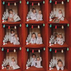 the children are posing for pictures in their christmas pajamas and matching outfits, all sitting on bookshelves