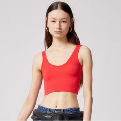 Urban Outfitters Out From Under Drew Seamless Ribbed Cropped Tank In Medium & L Stretch Red Cropped Tank Top, Red Stretch Cropped Tank Top, Red Cropped Stretch Tank Top, Red Ribbed Stretch Tank Top, Red Stretch Seamless Tank Top, Seamless Cropped Red Crop Top, Red Sleeveless Top With Seamless Construction, Red Stretch Ribbed Tank Top, Trendy Red Crop Top With Built-in Bra