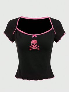 Black Casual Collar Short Sleeve Knitted Fabric Halloween  Embellished Slight Stretch  Women Clothing Pink Alternative Fashion, Kawaii Skull, Scene Clothes, Witchy Outfits, Clothing Templates, Halloween Clothes, Scene Outfits, Outfit Plan, Shirt Hair