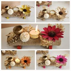 several different pictures of flowers and candles on a table with burlocked material