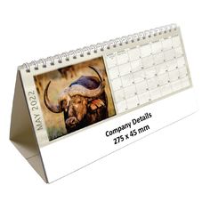 a desk calendar with an image of a buffalo on it