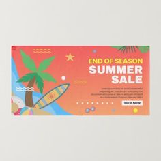 the end of season summer sale banner is shown with a surfboard and palm tree