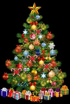 a christmas tree with presents under it and a star on top, in front of a black background