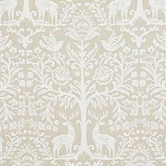 an intricately designed wallpaper with animals and trees on it's side, in white