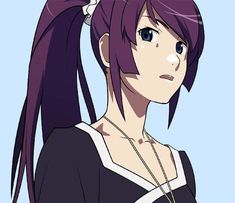 an anime character with purple hair wearing a black top and white collared shirt, standing in front of a blue background