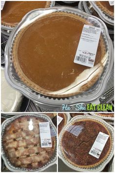 pies with labels on them sitting in plastic trays and ready to be eaten