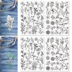 four different images of flowers and leaves on the side of a pair of blue jeans