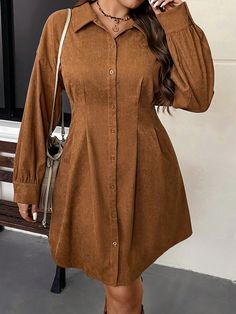 Plus Size Cinched Waist V-Neck Shirt Dress Casual Vintage Dress For Fall/Winter Brown Casual  Long Sleeve Woven Fabric Plain Shirt Non-Stretch  Women Plus Clothing, size features are:Bust: ,Length: ,Sleeve Length: Vestidos Retro, Dress For Fall, Plain Shirt, Mini Robes, Vestidos Vintage, Shirt Dress Casual, Womens Long Sleeve Shirts, Vestido Casual, Woven Dress