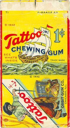 an old matchbox with the words tattoo chewing gum on it and a drawing of a ship