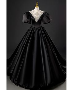 Buy high-end long black satin evening formal dress with jeweled neckline at cheap price online. Free stable shipping and pro custom service since 2009. Victorian Evening Gown, Scoop Neck Prom Dress, Long Black Evening Dress, Fairytale Gown, Prom Dress Inspo, Black Ball Gown, Graduation Gown, Formal Wear Dresses, Dark Fairy