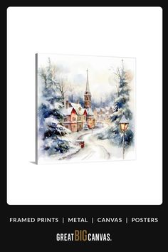 a christmas card with a painting of a snowy village in the background and a street light