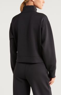 A luxuriously soft knit amps up the comfortable appeal of this sporty stand-collar jacket with a boxy, layer-ready fit perfect for before and after the gym. 21 1/2" length (size Medium) Stand collar Tencel modal is a sustainably produced fiber made with closed-loop processing and is certified with the EU Ecolabel as having a low environmental impact throughout the entire lifecycle 49% polyester, 43% Tencel® modal, 8% spandex Machine wash, tumble dry Imported Half-zip Athleisure Track Jacket, Relaxed Fit Athleisure Track Jacket With Ribbed Cuffs, Solid Half-zip Outerwear For Loungewear, Half-zip Loungewear Outerwear, Athleisure Long Sleeve Track Jacket With Ribbed Cuffs, Athleisure Sweatshirt For Layering, Sporty Long Sleeve Outerwear With Ribbed Waistband, Athleisure Half-zip Outerwear With Ribbed Cuffs, Modern Long Sleeve Track Jacket With Ribbed Cuffs