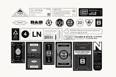 a series of black and white images with different types of labels on them, all in various shapes and sizes