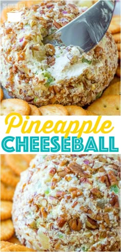 a cheese ball with crackers on it and the words pineapple cheeseball