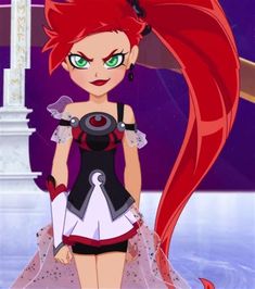 a cartoon girl with red hair and green eyes standing in front of a clock tower