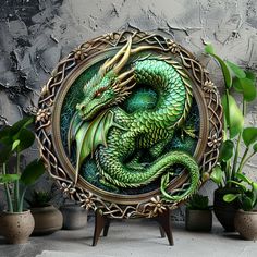 a green dragon in a frame surrounded by potted plants