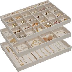 PRICES MAY VARY. ✅ Set of 3: This set includes 3 trays to store almost all kind of jewelry: 1 Pack with 24 compartments and ring holder display for earring and rings; 1 Pack with 12 larger compartment tray for bracelet and watch; 1 Pack no dividers tray with 10 hanging hooks for necklace ✅ Versatile: Each tray measures 13.8" x 9.5" x 1.3" (LxWxH), removable inner dividers meet your personalized storage needs. Ideal for storing and displaying your jewelry at home or in the store ✅ Stackable: Its Ikea Jewelry Storage, Jewellery Drawer, Jewelry Organizer Drawer, Jewelry Organizer Stand, Jewelry Trays, Jewelry Tray Organizer, Jewelry Tray Display, Drawer Inserts, Jewelry Drawer