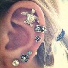 the ear is adorned with several different types of buttons and charms, as well as a turtle