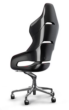 a black office chair with wheels on the back and seat upholstered to the side