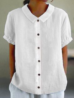 Come to Zolucky to buy Shirts at a discounted price, SPU: 2947BL4I5A1F, Color: White, Activity:Daily, Neckline:Shawl Collar. Blouse Cotton, Linen Bottoms, Buy Shirts, Short Sleeve Shirt Women, Plain Blouse, Tunic Pattern, Summer Linen, Linen Blouse, Plain Shirts