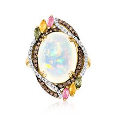 Ross-Simons - Opal, .60ct t. w. Multicolored Sapphire Ring, .61ct t. w. Brown, White Diamonds. Size 7. Beautifully designed to feature sumptuous sparkle and a delightful color palette, this statement-making ring presents a 16x12mm oval opal cabochon amid swirling borders of .61 ct. t. w. brown and white round brilliant-cut diamonds. Vibrant trios of .60 ct. t. w. marquise sapphires pop in shades of pink, yellow and green. Finely crafted in polished 14kt yellow gold. Black rhodium. 1" wide. Multi Ethiopian Opal Ring, Diamond Birthstone, Multi Sapphire, Purple Jewelry, Yellow Gold Jewelry, Black Rhodium, Sapphire Stone, Yellow And Green, Pink Stone