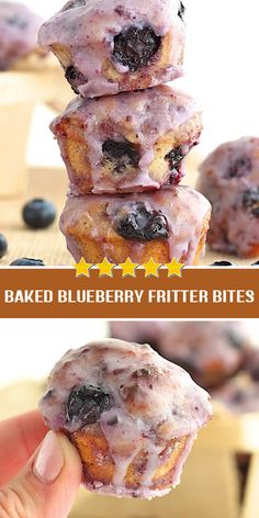 the blueberry fritter bites are stacked on top of each other and ready to be eaten