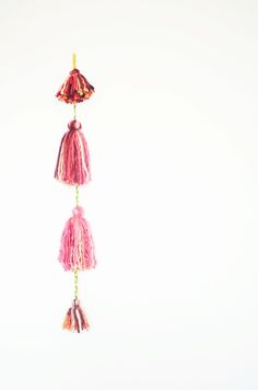 three tassels hanging from a string on a white background