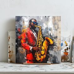 a painting of a man playing the saxophone