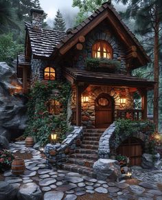 a small house in the woods with stone steps leading up to it's entrance