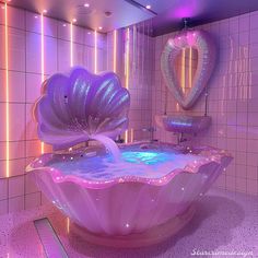 a bathroom with pink and purple lights on the walls, an ocean shaped bathtub in the shape of a shell